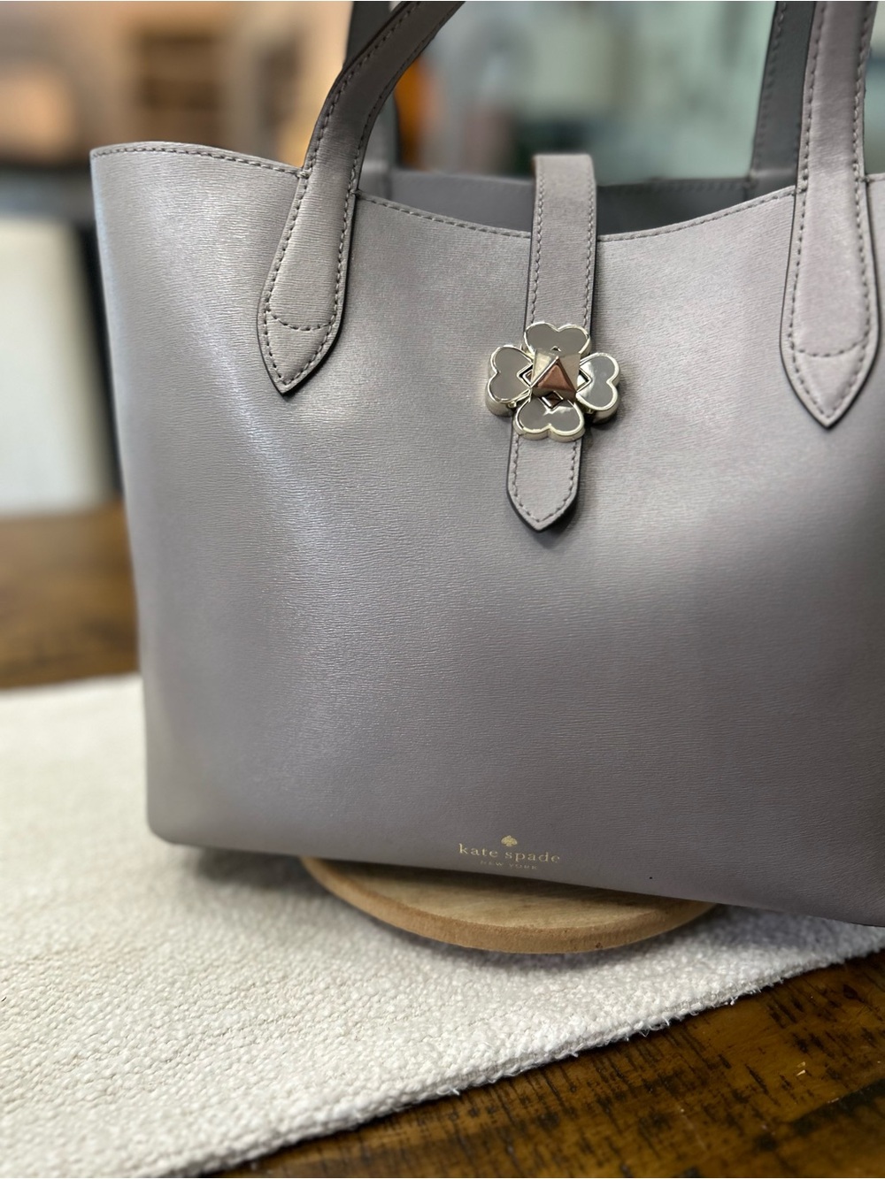kate spade Gray Leather Tote with Clover Turn-Lock